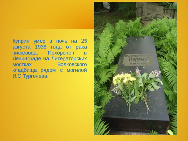 Куприн похоронен. Волковском кладбище в Ленинграде Куприн.